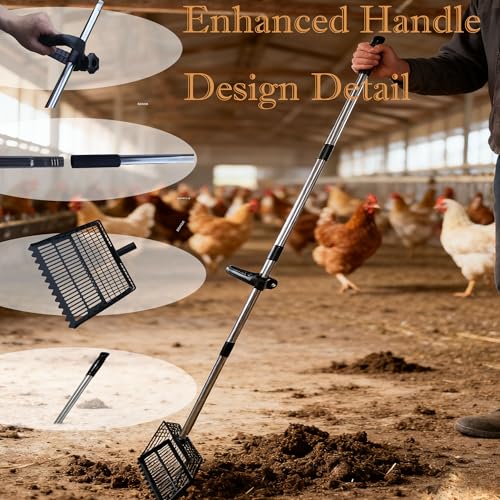 Chicken Poop Scooper & Rake 2-in-1, Adjustable 35"-65" Stainless Steel Handle, Heavy Duty Metal Black Shovel Head for Chicken Coop Cleaning, Pet Waste, Cat Litter Sifting