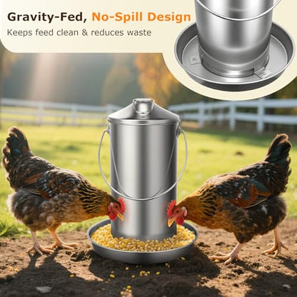 Chicken Feeder - 304 Stainless Steel 8.8 lb Rust-Proof No Waste Poultry Feeder for Outdoor Coops, Chickens, Ducks & Small Farms