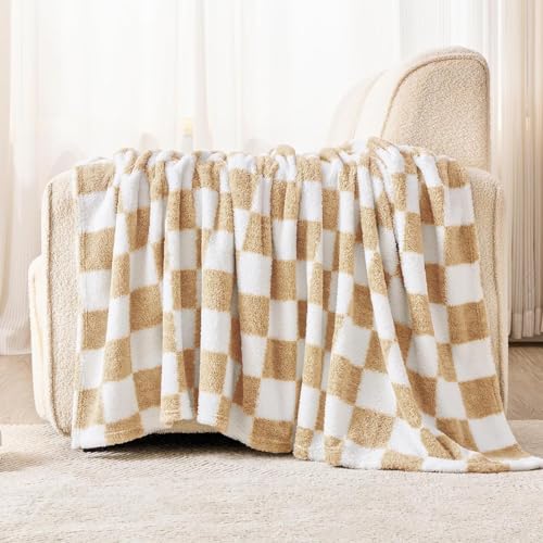 EMME Checkered Blanket Twin Size - 60"x80" Beige Knit Blanket Soft Fluffy Patterned Throw Blankets for Couch, Sofa, Chair, Bed, Camping, Picnic, Travel - color: 21-checkered Beige, size: Twin