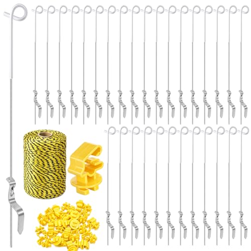 81 Pcs Electric Fence Kit with 656 Feet Polywire, 30 Pcs 41 Inch Systems Pig Tail Step in Fence Post and 50 Standard Snug Fitting T Post Insulators for Garden Lawn Farm Fencing Protection - color: White, size: Pig Tail Step-in Fence Posts