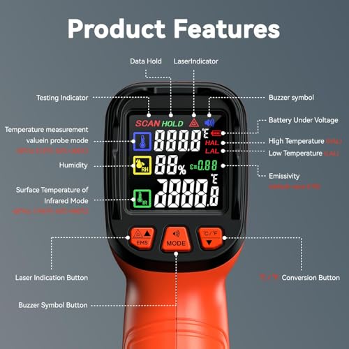 58°F to 1796°F Infrared Thermometer Gun, Dual-Mode 16:1 - color: Orange/-58°F to 1796°F and -58°F to 572°F-holster