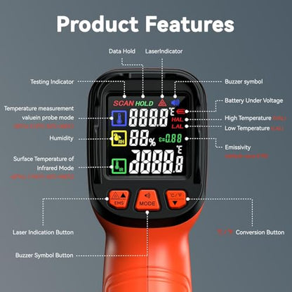 58°F to 1796°F Infrared Thermometer Gun, Dual-Mode 16:1 - color: Orange/-58°F to 1796°F and -58°F to 572°F-holster