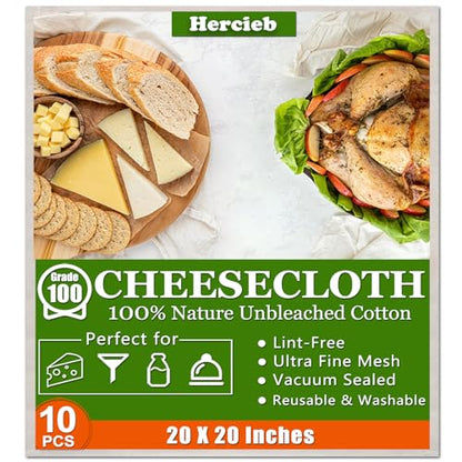 10 Pcs Cheese Cloths, SGS Tested 100% Unbleached Cotton, 20x20 Inch Grade 100 Reusable Cheese Cloth With Ultra-Fine Mesh, Reusable Muslin Cheesecloth for Straining,Juicing,Cooking Turkey, Baking - color: 10 Pcs