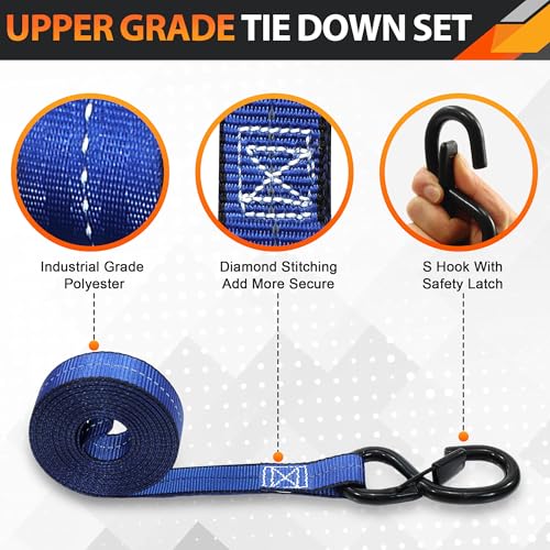 A ANTELOPE 4 Pack 1.5" x 8' Ratchet Tie Down Straps with S Hooks, Blue - color: Blue, size: 4PK-1.5in