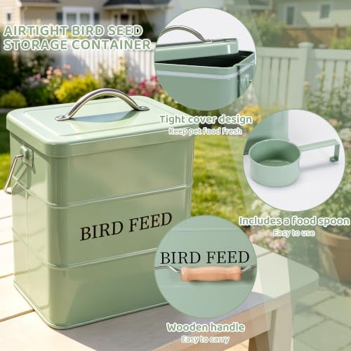 Bird Seed Storage Container, Airtight Metal Bird Food Canister Holds 5-6 LBS Wild Bird Feed, Bright Yellow Bird Feed Tin with Wooden Handle & Measuring Scoop, Dry Pet Snack & Grain Storage Bin - color: Green