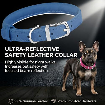 OOPSDOGGY Rolled Leather Dog Collar Reflective – Genuine Leather Round Dog Collar for Small Medium Large Dogs (Blue, 20" – 24") - color: Blue, size: 20" – 24"