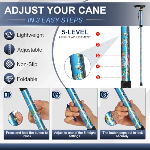 supregear Folding Cane, 5-Level Adjustable Height Walking Stick Lightweight Collapsible Portable Travel Cane with Wrist Strap and T Handle for Elderly Disabled Men Women - color: Blue Floral