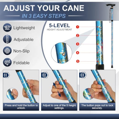 supregear Folding Cane, 5-Level Adjustable Height Walking Stick Lightweight Collapsible Portable Travel Cane with Wrist Strap and T Handle for Elderly Disabled Men Women - color: Blue Floral