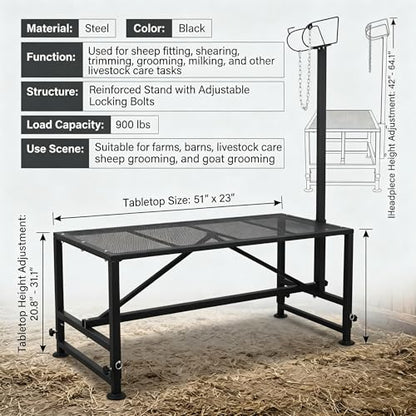 Sheep Stand 51"x23" 900 lb Capacity, Adjustable Height 21"-33" Goat Stand for Trimming Hooves and Milking, Metal Stand with Headpiece and Nose Loop – Black