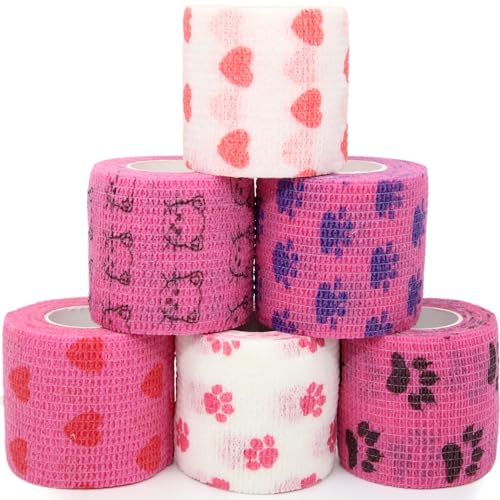 Self Adhesive Bandage Wrap Animal Cohesive Bandage Self Adherent Wrap First Aid Tape for Dogs Cats Horses Birds & Wrist Healing Ankle Sprain (2 Inch Pink Set 6 Rolls) - color: 2 Inch Pink Set 6 Rolls