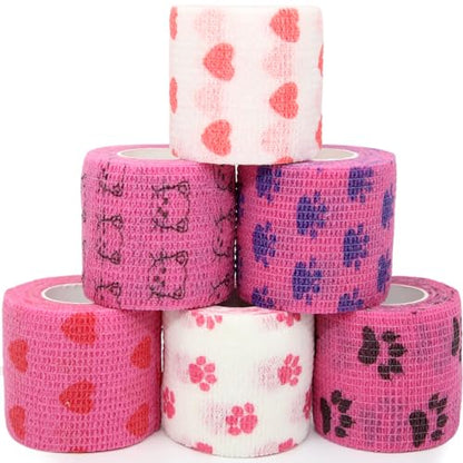 Self Adhesive Bandage Wrap Animal Cohesive Bandage Self Adherent Wrap First Aid Tape for Dogs Cats Horses Birds & Wrist Healing Ankle Sprain (2 Inch Pink Set 6 Rolls) - color: 2 Inch Pink Set 6 Rolls