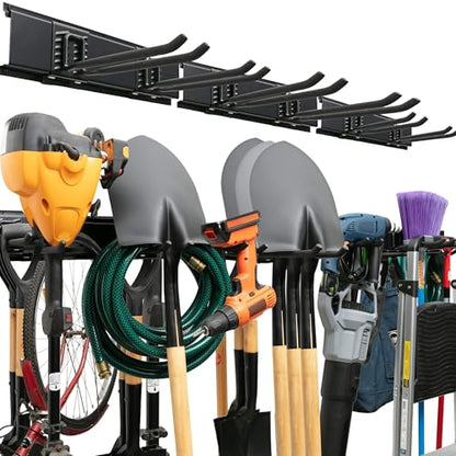 TIDYME Garage Tool Organizer Wall Mount - 48 inches - Sturdy Storage Rack with Adjustable Hooks, Anti-Rust - Easy Installation, 300lbs Capacity - Garden Tool Organizer (03 Racks & 06 Hooks) | 300 lbs, anti-rust carbon steel, garden tool organizer & storag