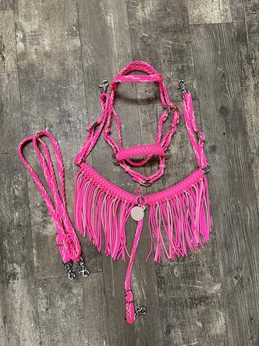 small Pony or miniature horse hot pink fringe pony tack set with bitless bridle