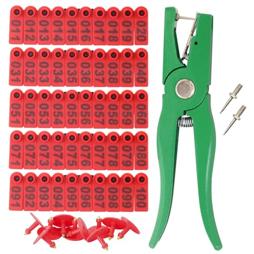 Sheep Ear Tag 101-200 Number Plastic Livestock Tags Goat with Punch Applicator Plier Tools and 2Pcs Ear Tag Pins (Red, 101-200) - color: Red, size: 101-200