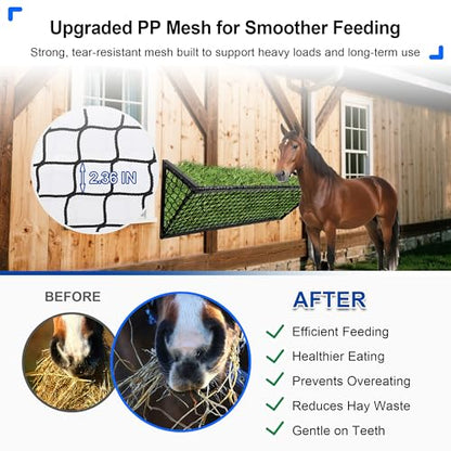 Upgraded Hay Feeder for Goats with Net, 63Inch Long Wall Hay Rack with 50Gallon Large Capacity, Blanket Hay Holder, Heavy Duty Metal Livestock Feeders Frame with Hay Net Side for Horses Farm Sheep
