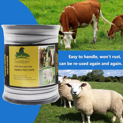 Poly Tape Electric Fence 8 Stainless Steel Conductors - 656 Feet Roll - 1 Inch White and Black Polytape for Animal Fencing Horse Farms or Ranch Electric Fence - size: 1'' x 656ft