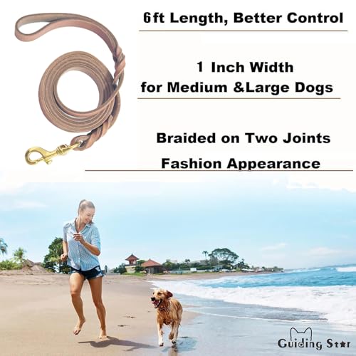 Guiding Star Leather Dog Leash - 6ft Heavy Duty, Soft Braided Handmade Leather Training Leash for Large & Medium Dogs (6ftx1inch, Light Brown) - color: Light Brown, size: 6ft x 1 inch