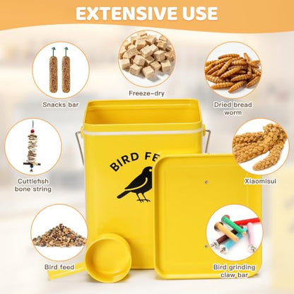 Bird Seed Storage Container, Airtight Metal Bird Food Canister Holds 5-6 LBS Wild Bird Feed, Metal Bird Feed Tin with Wooden Handle & Measuring Scoop, Dry Pet Snack & Grain Storage Bin - color: Yellow