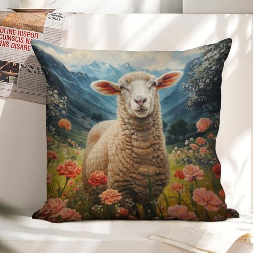 Sheep Among The Flowers Throw Pillow Covers 24"x24" - size: 24" x 24" (Pack of 1)