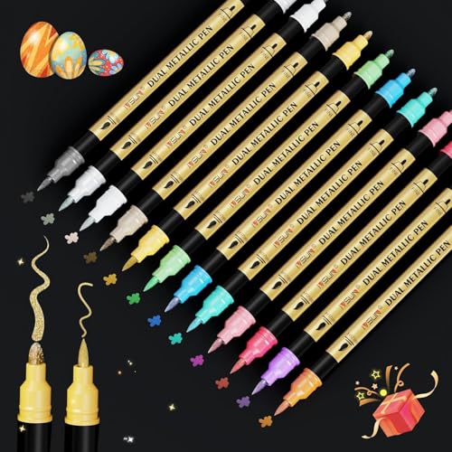 12 Colors Dual Tip Metallic Acrylic Paint Marker pens with Brush & Fine | Paint Marker for Black Paper, Scrapbooking, Photo Album, Rock, Wood, Card Making, DIY Arts & Crafts, Scrapbook Supplies - color: 12 Colors-1