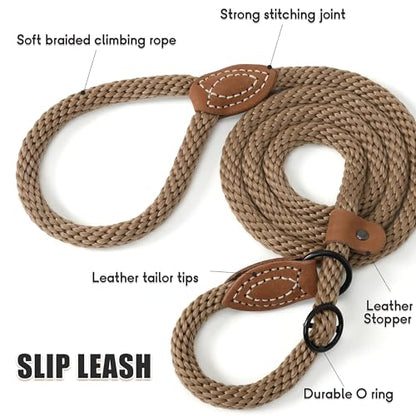 Mile High Life Heavy Duty Slip Lead No Pull Leash w Leather-Reinforced Ends - color: Brown, size: 4 Feet