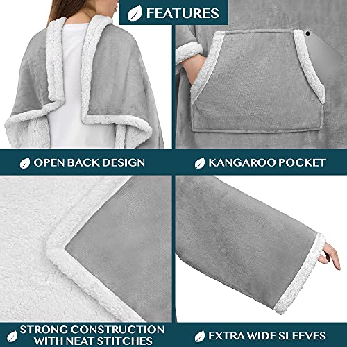 PAVILIA Sherpa Wearable Blanket with Sleeves and Pocket, Plush Thick Cozy Body Blanket Wrap for Adult Women Men, Christmas Gift for Wife Mom, Light Grey - color: Light Gray