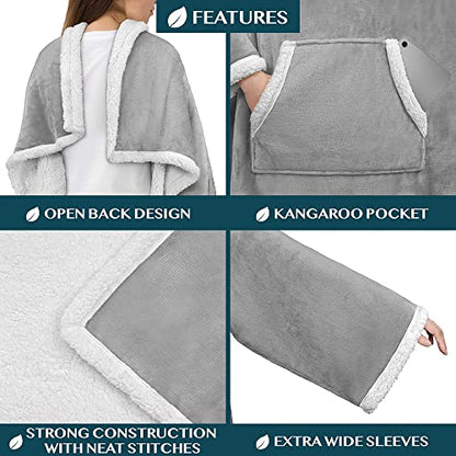PAVILIA Sherpa Wearable Blanket with Sleeves and Pocket, Plush Thick Cozy Body Blanket Wrap for Adult Women Men, Christmas Gift for Wife Mom, Light Grey - color: Light Gray