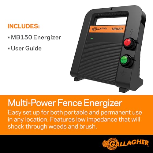 Gallagher MB150 Multi-Power Electric Fence Energizer | 1.5 Joule Fence Charger for Livestock & Pasture Fencing | 110V Plug-in or 12V Battery Powered | Powers Up to 30 Miles