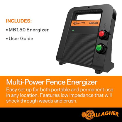 Gallagher MB150 Multi-Power Electric Fence Energizer | 1.5 Joule Fence Charger for Livestock & Pasture Fencing | 110V Plug-in or 12V Battery Powered | Powers Up to 30 Miles