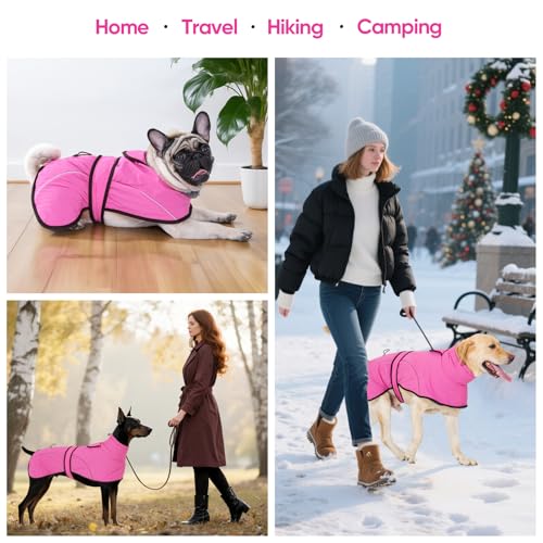 Dotoner Waterproof Dog Coat Warm Fleece Lined Jacket Reflective Winter Pet Apparel for Small Medium Large Dogs with Leash Opening Adjustable Neck & Tail Drawstring - color: Pink, size: Small