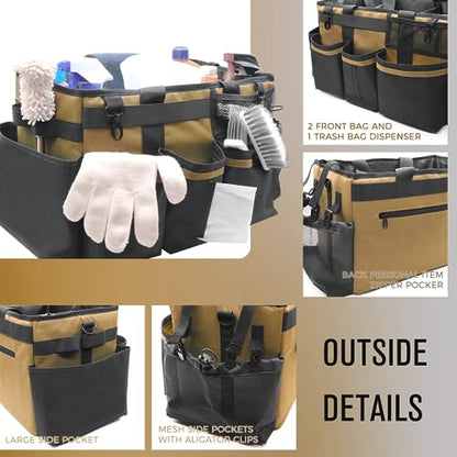 SCAVATA Wearable Cleaning Caddy Organizer with Handle & Shoulder Straps for Housekeepers, Under Sink & Car Cleaning Tool Organizer Bag with 4 Foldable Dividers (Tan) - color: Tan