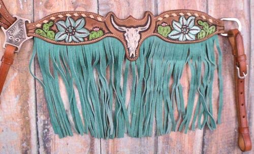 Showman Steer Skull & Cactus Leather Headstall & Breast Collar Set w/Fringe