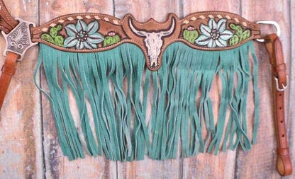 Showman Steer Skull & Cactus Leather Headstall & Breast Collar Set w/Fringe