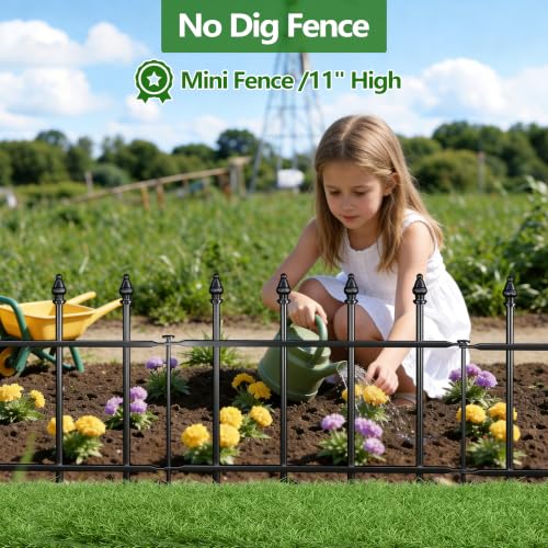 Decorative Metal Garden Fence，(5 Panels+ 6 Posts),Total Iength 7 ft(W) x 11 in(H), Small Metal Border Fence, Classic Roman Column Decoration, Garden and Lawn Landscape Fence, Black Animal Fence - size: 5 Panels-5 ft(W) x 12 in(H)