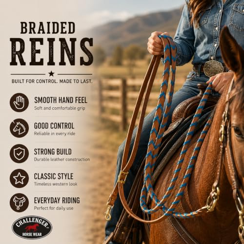 CHALLENGER 8' Horse Western Leather Latigo Laced Barrel Contest Reins 66RT10 - color: Tan Pacific Blue
