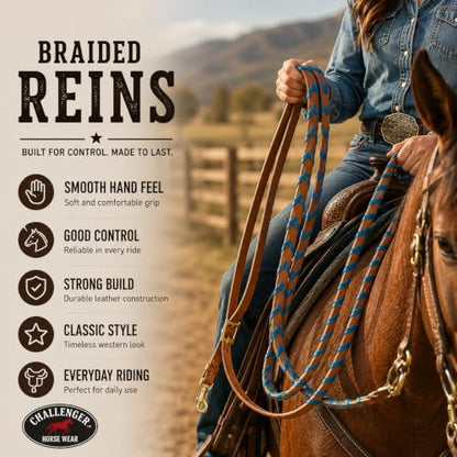 CHALLENGER 8' Horse Western Leather Latigo Laced Barrel Contest Reins 66RT10 - color: Tan Pacific Blue