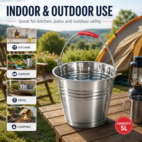 Healeved 5L Stainless Steel Bucket with Handle 9.4-Inch Round Pail