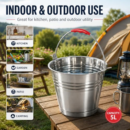 Healeved 5L Stainless Steel Bucket with Handle 9.4-Inch Round Pail