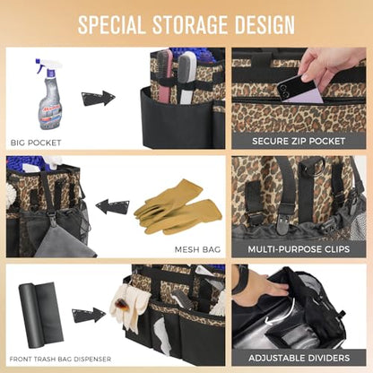 SCAVATA Wearable Cleaning Caddy, Cleaning Caddy Supplies Organizer with Handle & Shoulder Straps for Housekeepers, Under Sink & Car Cleaning Tool Organizers Bag with 4 Foldable Divider (Leopard) - color: Leopard