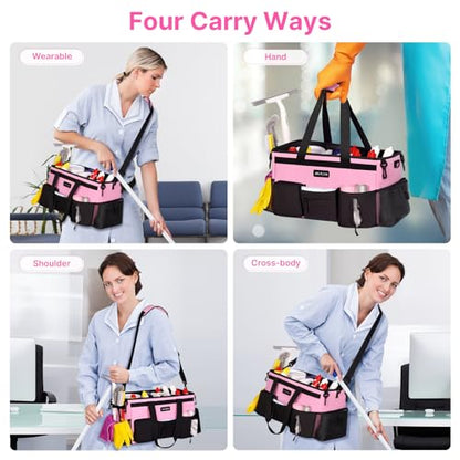 JKAOO Large Wearable Cleaning Caddy Bag with Handles, Pink | Adjustable Shoulder & Waist Straps, Removable, Waterproof Tote for Cleaning Supplies, Home, Car, Office - color: Pink