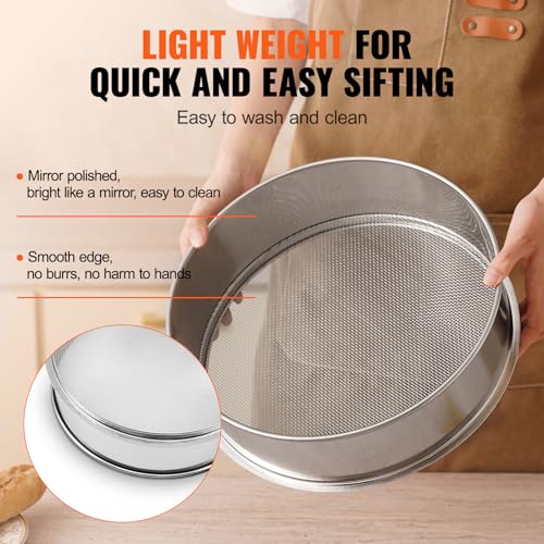 VEVOR Flour Sieve, 12 Mesh Sifter, 304 Stainless Steel Food-grade Fine Mesh Strainer, Dia. 12.6" for Baking, 5 Sizes Mesh Hole for Mungbean, Rice, Pearl Powder - style: 12 Mesh