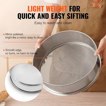 VEVOR Flour Sieve, 10 Mesh Sifter, 304 Stainless Steel Food-grade Fine Mesh Strainer, Dia. 12.6" for Baking, 5 Sizes Mesh Hole for Mungbean, Rice, Pearl Powder - style: 10 Mesh