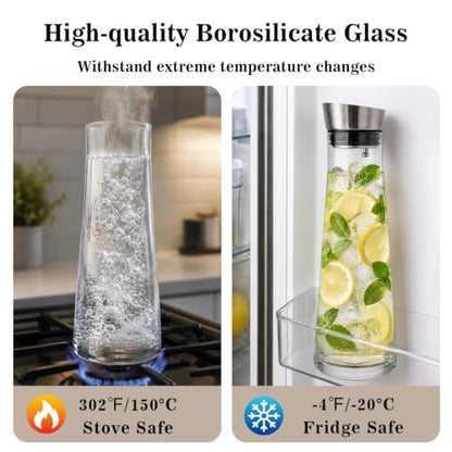 GLASKEY Glass Water Carafe with Lid,1200ml Borosilicate Glass Juice Pitcher with Stainless Steel Gravity Lid,Clear Water Pitcher for Ice Tea, Lemonade, Coffee,Juice Beverage,40 oz - size: 40 Ounces