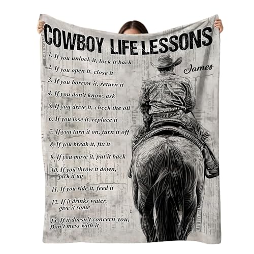 Cowboy Life Lessons Blanket, Personalized Cowboy Fleece Blanket, Cool Blanket Gift for Horse Lovers, Personalized Horse Blanket for Boys Custom Blanket with Name, Horse Throw Blanket for Men 50”x60”
