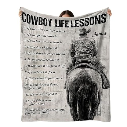 Cowboy Life Lessons Blanket, Personalized Cowboy Fleece Blanket, Cool Blanket Gift for Horse Lovers, Personalized Horse Blanket for Boys Custom Blanket with Name, Horse Throw Blanket for Men 50”x60”