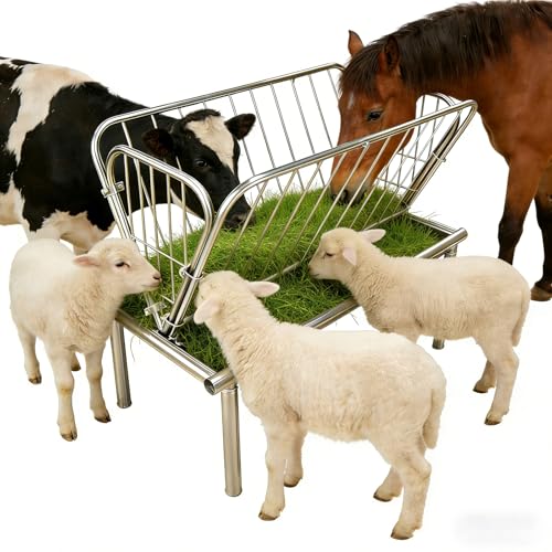 Heavy Duty Galvanized Steel Livestock Feeder, 4 Ft Outdoor Pasture Feeder, Large Capacity 2 in 1 Grain & Hay Rack with Steel Frame & 6” Deep Feed Pan, for Goats, Cow, Sheep, Horses