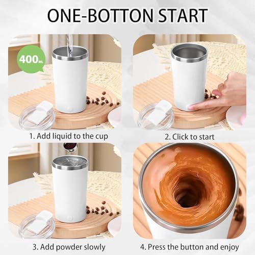 Self Stirring Coffee Mug With Lid, 13.5oz Rechargeable 316 Stainless Steel Detachable Base Auto Mixing Cup, Fast Stirring for Coffee, Milk, Cocoa （White） - color: White