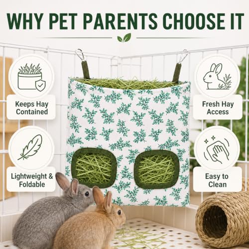 Rabbit Hay Feeder, Guinea Pig Hay Holder & Bunny Hay Feeder – Durable Hanging Hay Bag for Rabbits Chinchillas Guinea Pigs Bunnies – Chew-Resistant Hay Holder for Small Animals (Green) - color: Green