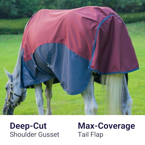 Horse Turnout Rain Sheet | 600 Denier Ripstop Turnout Blanket No Fill (0g) | Waterproof Lightweight Breathable | Tear-Resistant Outer & Rub-Free Silky Inner | Burgundy/Navy - 76 in - color: Burgundy/Navy, size: 76