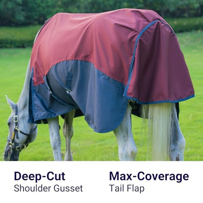 Horse Turnout Rain Sheet | 600 Denier Ripstop Turnout Blanket No Fill (0g) | Waterproof Lightweight Breathable | Tear-Resistant Outer & Rub-Free Silky Inner | Burgundy/Navy - 76 in - color: Burgundy/Navy, size: 76